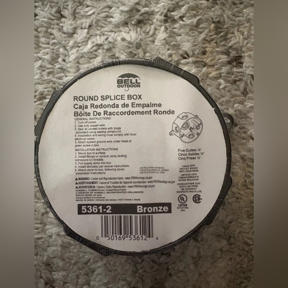 New/Sealed Bell Outdoor Round Splice Box 5361-2 Bronze